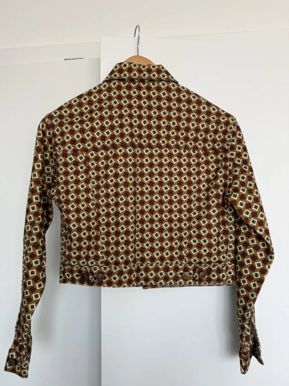 Reformation Jeans Cora Shrunken Denim Jacket Geo Print Brown Size XS